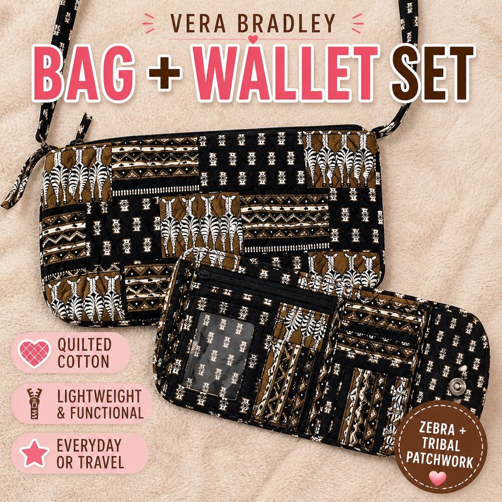 Vera Bradley Crossbody Bag Zebra Patchwork Quilted Purse w Wallet